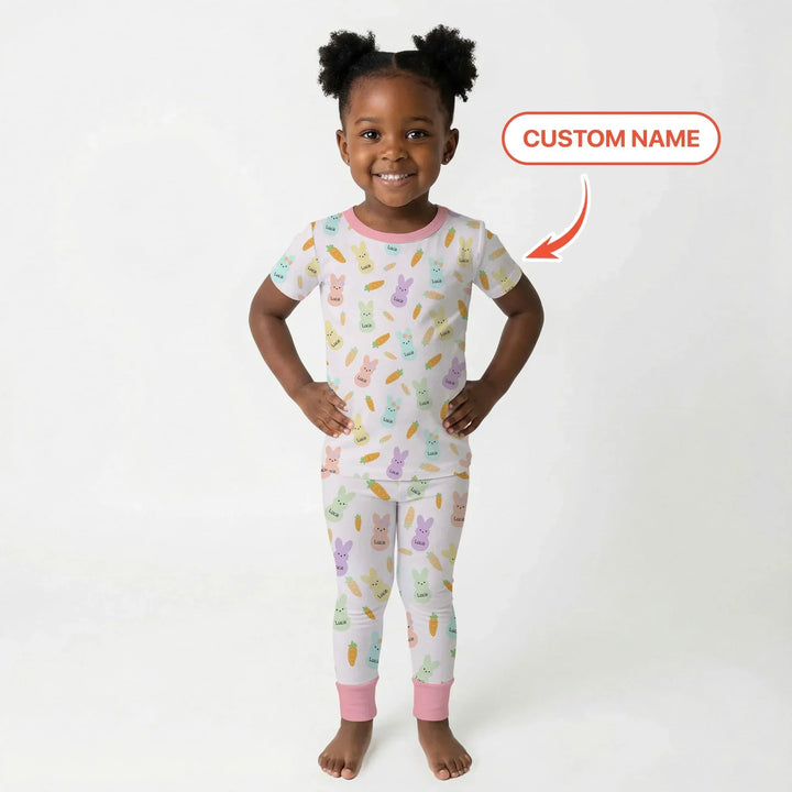 Custom Name Easter Bunny Bamboo Two Piece Short Sleeve Pajama Set
