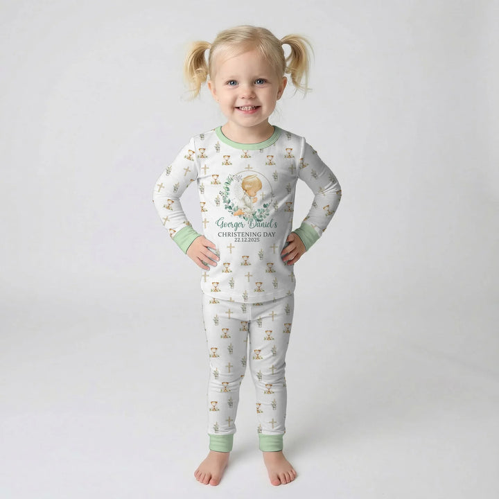 First Christening Day Custom Name Bamboo Two Piece Long Sleeve Pajama Set