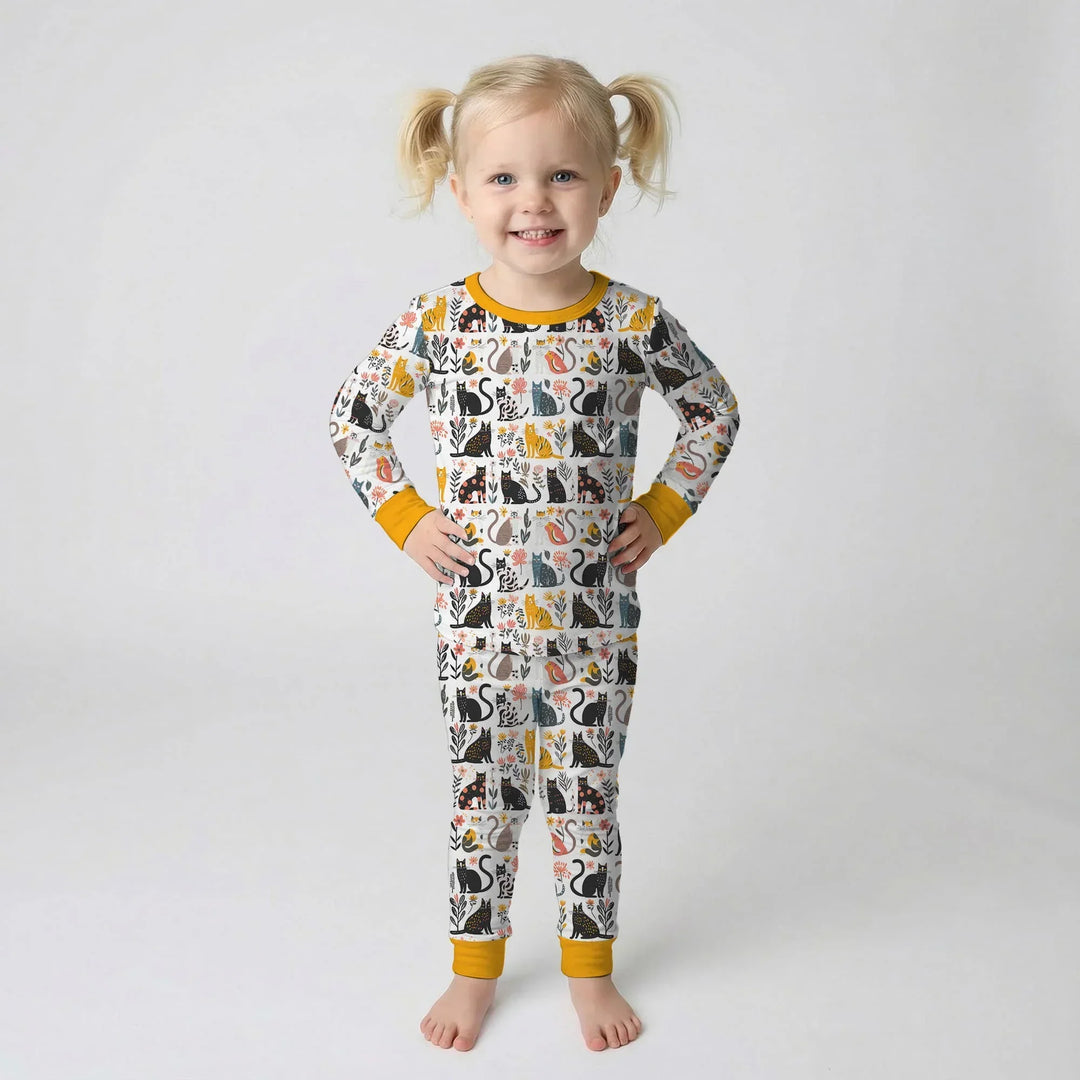 Botanical Cats Bamboo Two Piece Long Sleeve Pajama Set