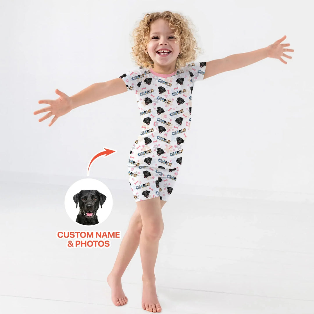 Custom Name Doodle Letters Blue Dog Bamboo Two Piece Short Sleeve Shorts Pajama Set