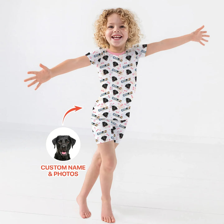 Custom Name Doodle Letters Blue Dog Bamboo Two Piece Short Sleeve Shorts Pajama Set