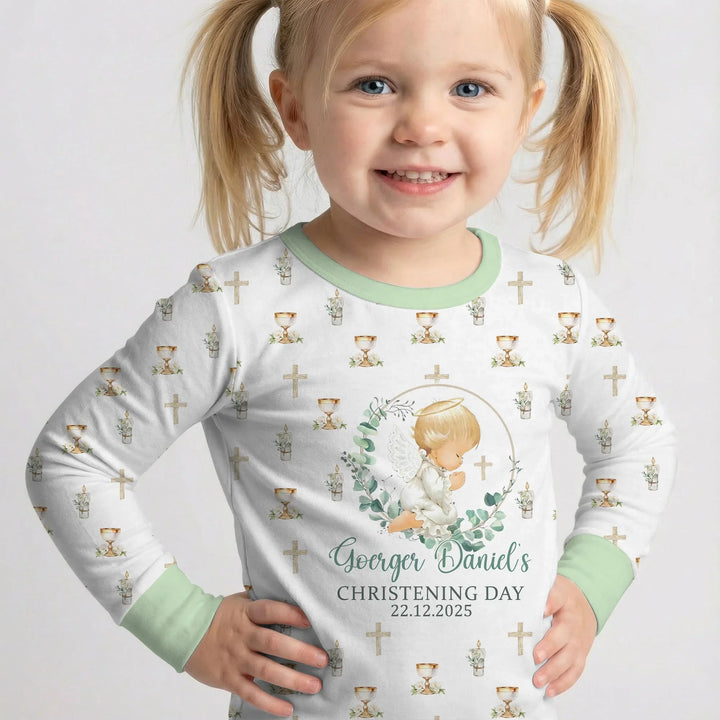 First Christening Day Custom Name Bamboo Two Piece Long Sleeve Pajama Set