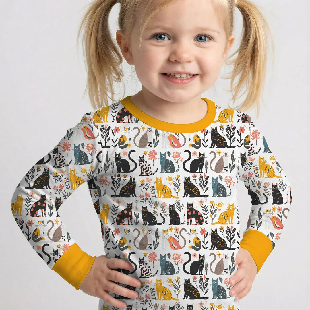 Botanical Cats Bamboo Two Piece Long Sleeve Pajama Set