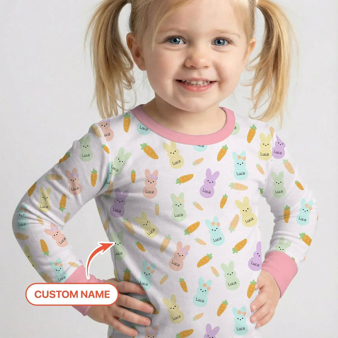 Custom Name Easter Bunny Bamboo Two Piece Long Sleeve Pajama Set
