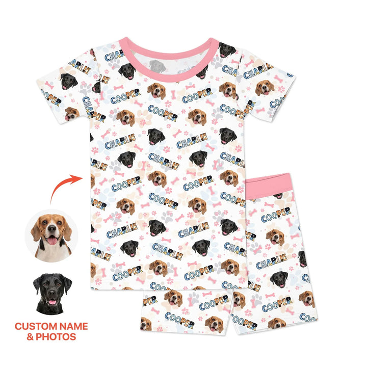 Custom Name Doodle Letters Blue Dog Bamboo Two Piece Short Sleeve Shorts Pajama Set