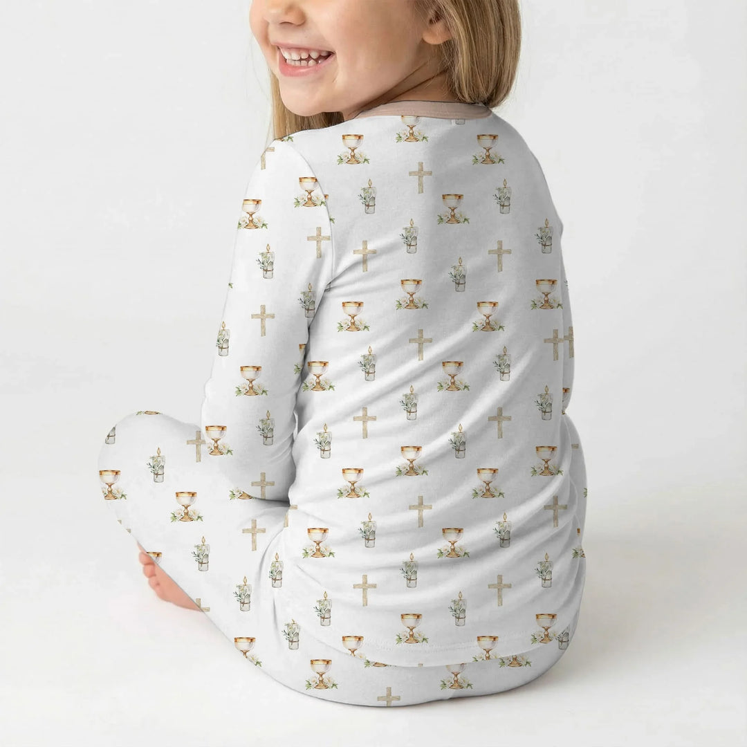 First Christening Day Custom Name Bamboo Two Piece Long Sleeve Pajama Set