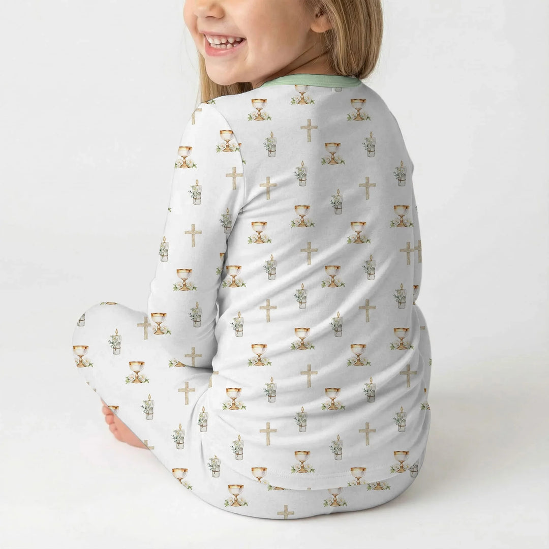 First Christening Day Custom Name Bamboo Two Piece Long Sleeve Pajama Set