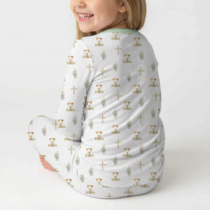 First Christening Day Custom Name Bamboo Two Piece Long Sleeve Pajama Set