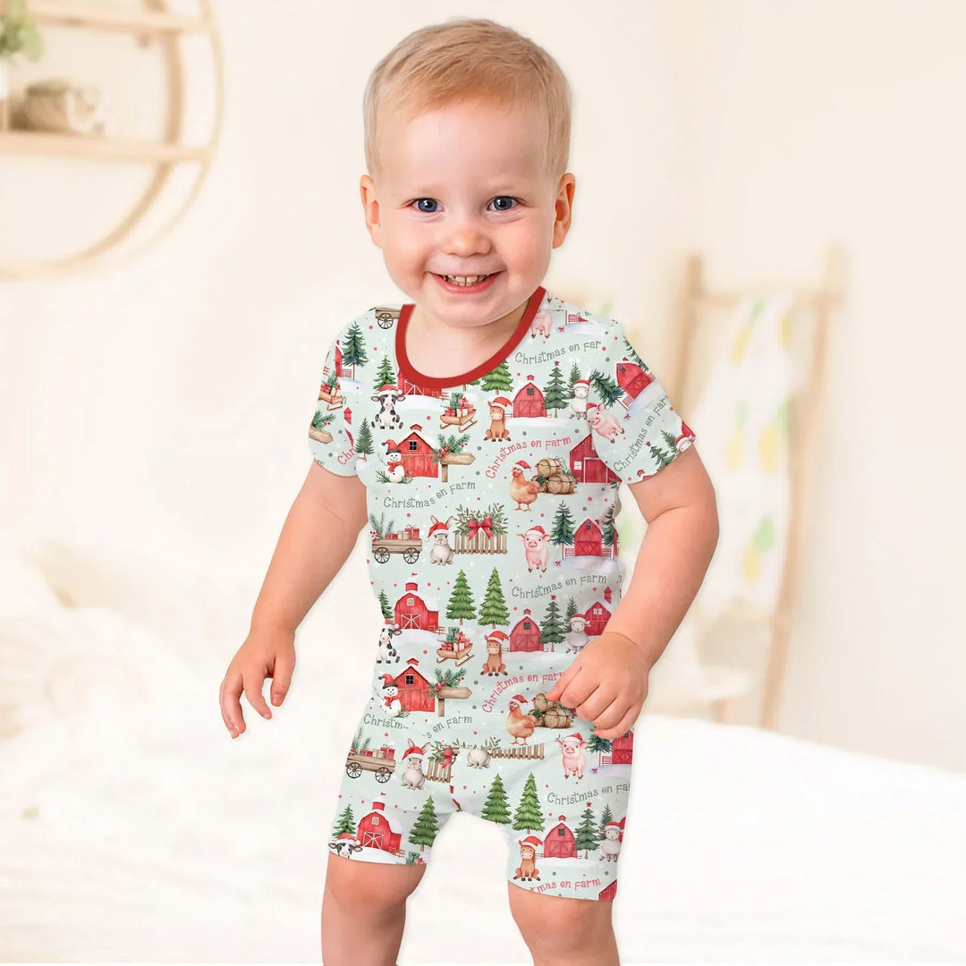 Christmas on Farm Bamboo Two Piece Short Sleeve Shorts Pajama Set