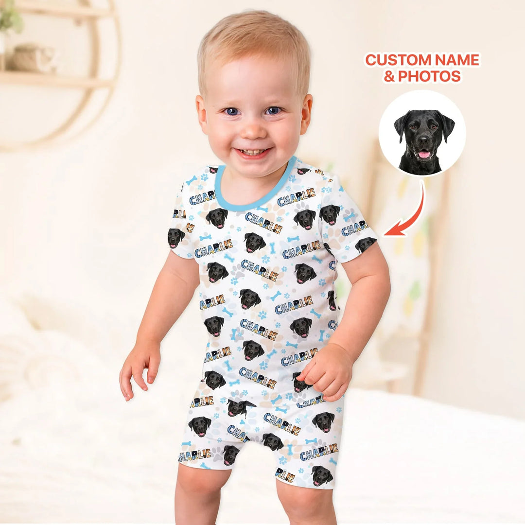 Custom Name Doodle Letters Blue Dog Bamboo Two Piece Short Sleeve Shorts Pajama Set