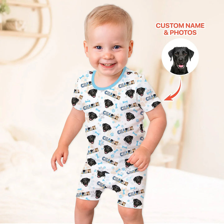 Custom Name Doodle Letters Blue Dog Bamboo Two Piece Short Sleeve Shorts Pajama Set