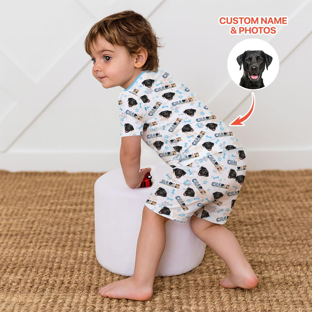 Custom Name Doodle Letters Blue Dog Bamboo Two Piece Short Sleeve Shorts Pajama Set