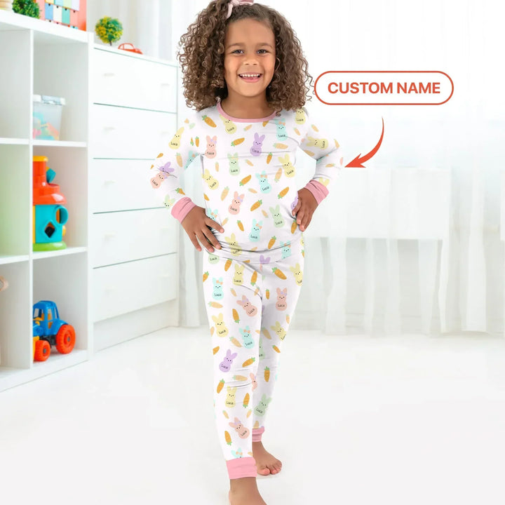 Custom Name Easter Bunny Bamboo Two Piece Long Sleeve Pajama Set