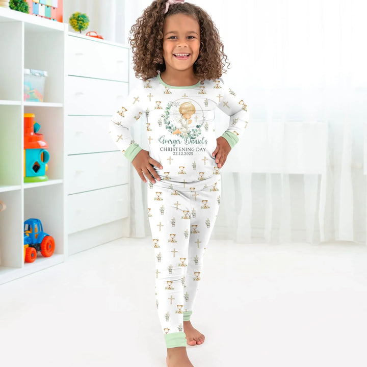 First Christening Day Custom Name Bamboo Two Piece Long Sleeve Pajama Set