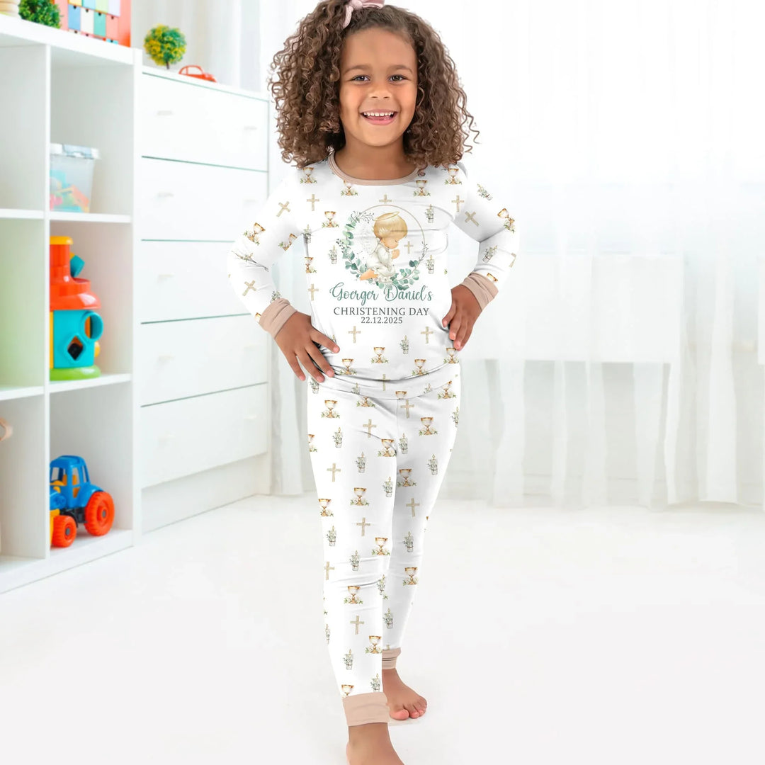 First Christening Day Custom Name Bamboo Two Piece Long Sleeve Pajama Set