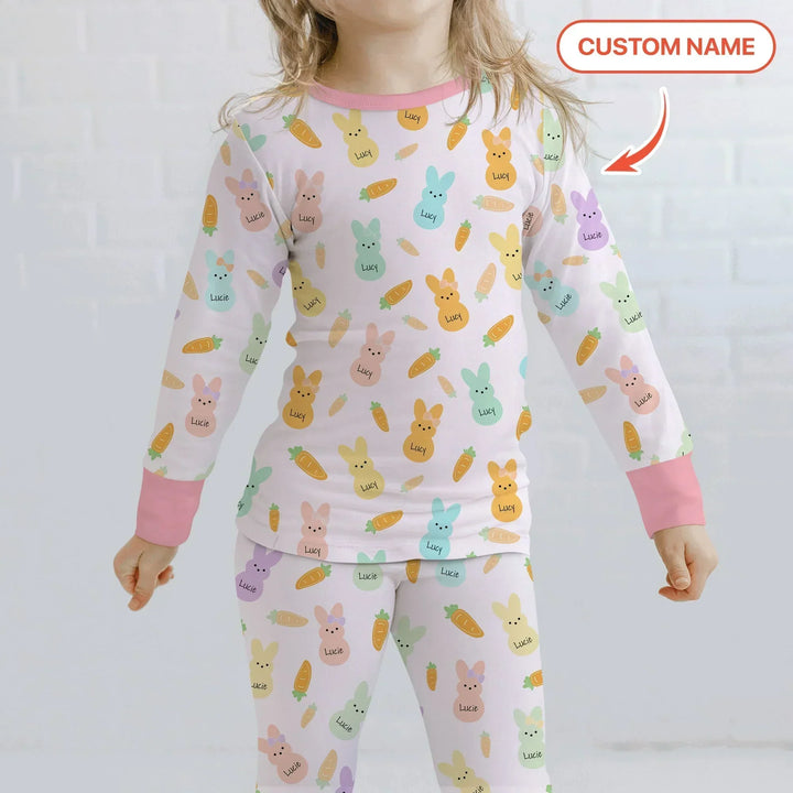 Custom Name Easter Bunny Bamboo Two Piece Long Sleeve Pajama Set