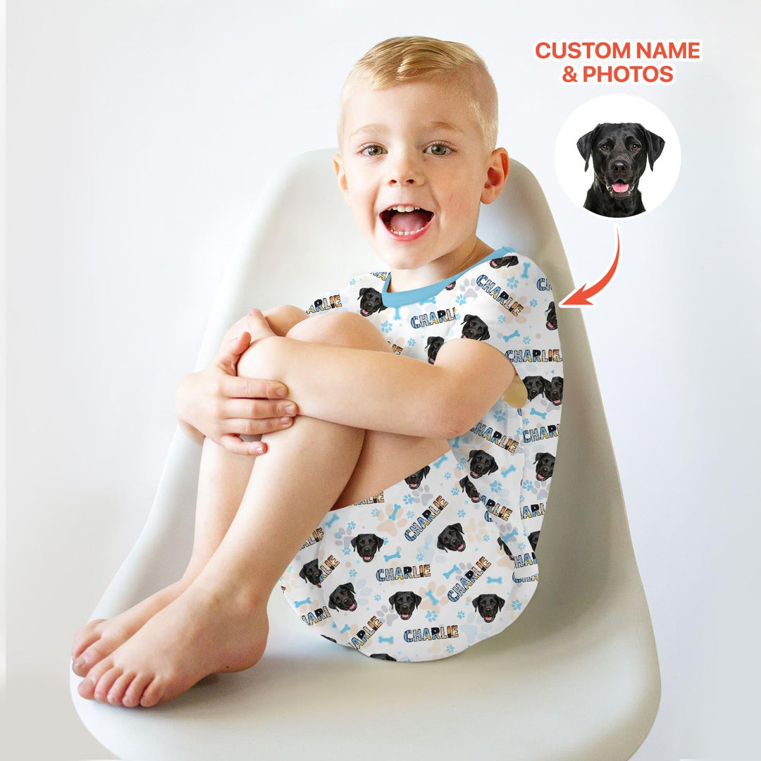 Custom Name Doodle Letters Blue Dog Bamboo Two Piece Short Sleeve Shorts Pajama Set