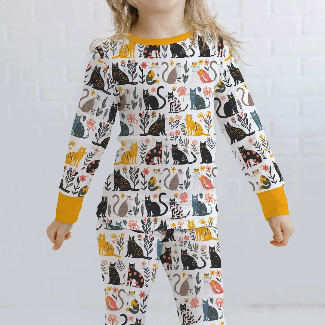 Botanical Cats Bamboo Two Piece Long Sleeve Pajama Set