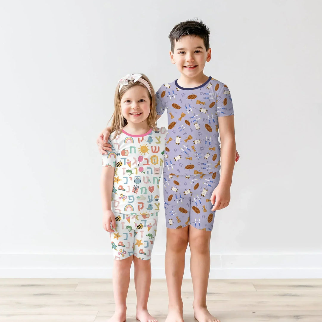 Shabbat Shalom Family Matching Bamboo Two Piece Short Sleeve Shorts Pajama Set
