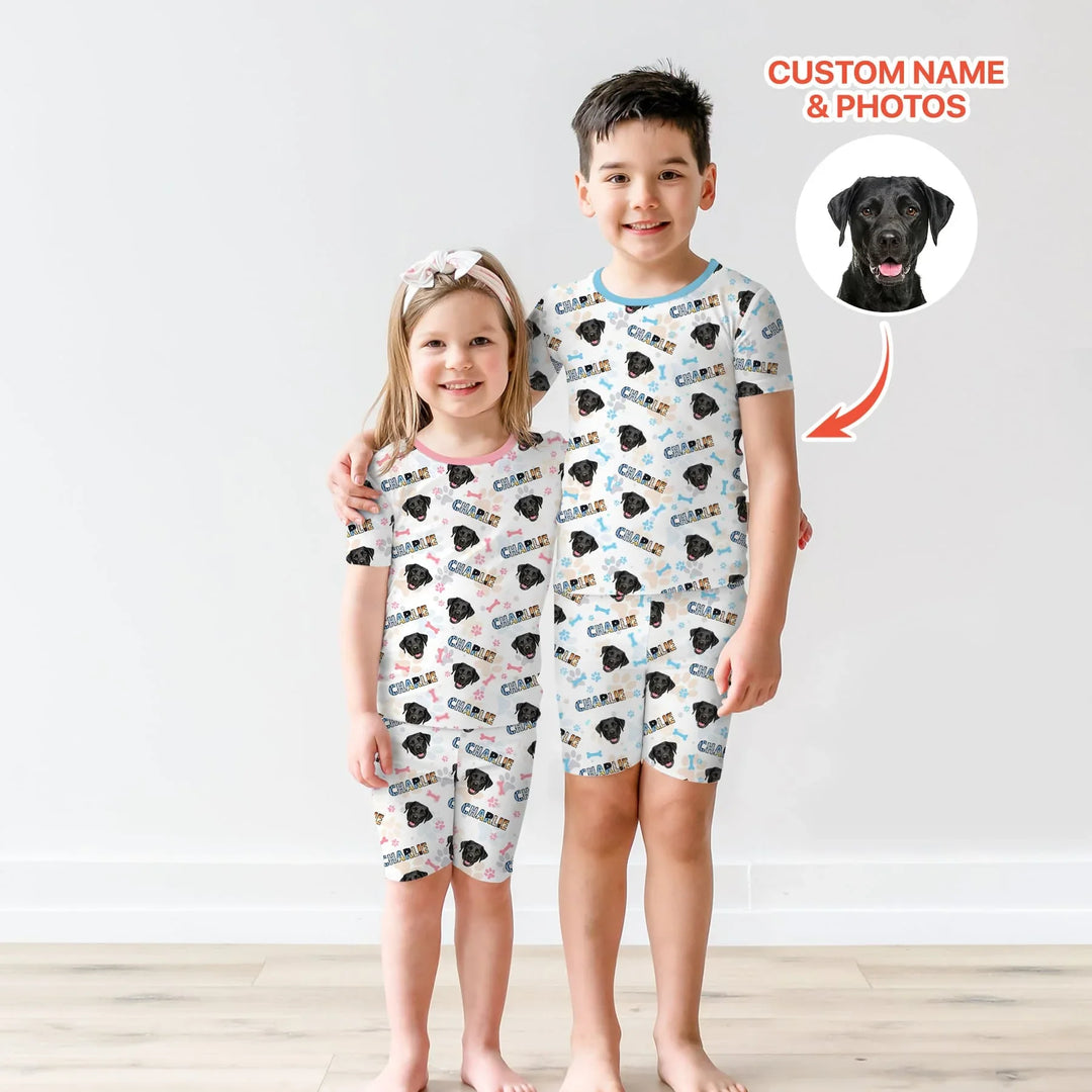 Custom Name Doodle Letters Blue Dog Bamboo Two Piece Short Sleeve Shorts Pajama Set
