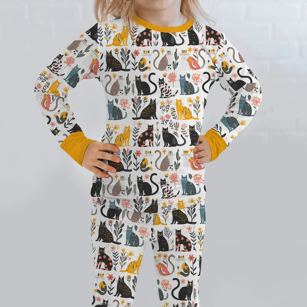 Botanical Cats Bamboo Two Piece Long Sleeve Pajama Set