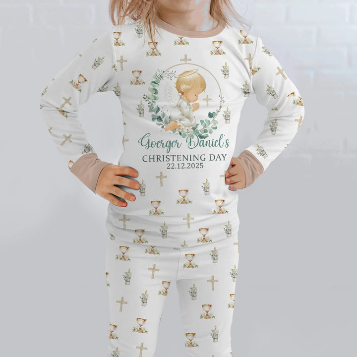First Christening Day Custom Name Bamboo Two Piece Long Sleeve Pajama Set