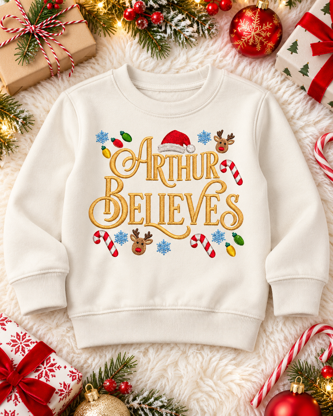 Custom Name Christmas Believes Embroidered Bamboo Crewneck Sweatshirt