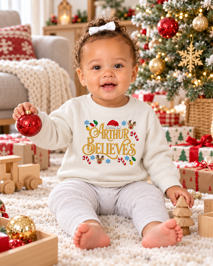 Custom Name Christmas Believes Embroidered Bamboo Crewneck Sweatshirt