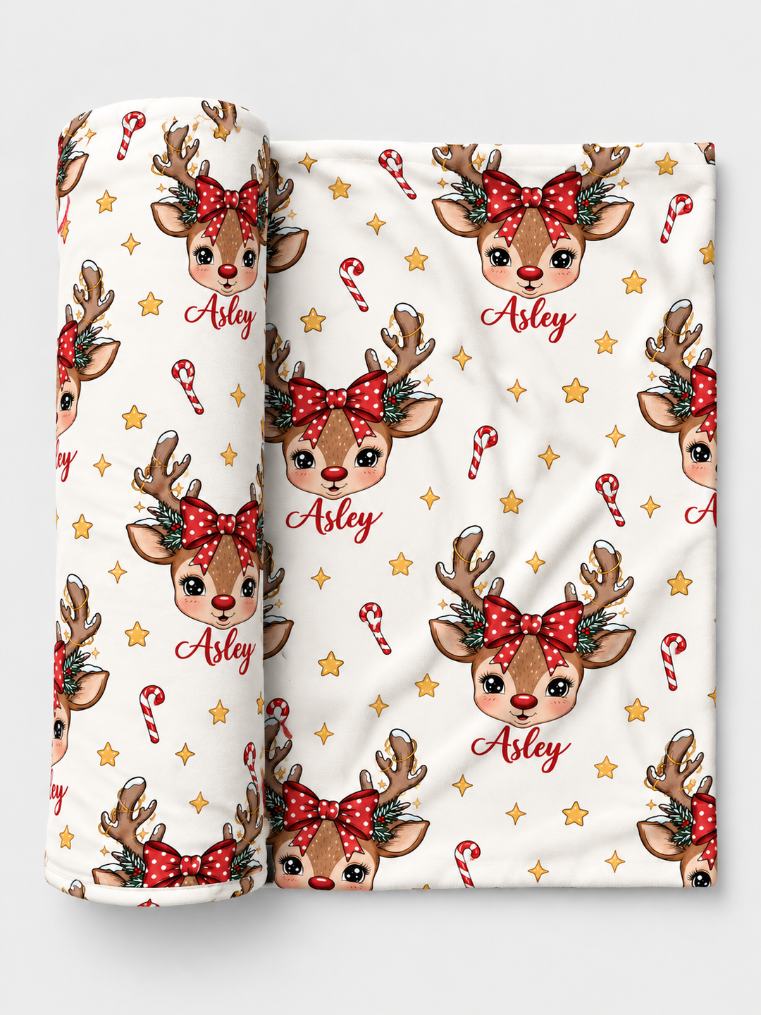 Custom Name Christmas Bow Reindeer Bamboo Swaddle Blanket