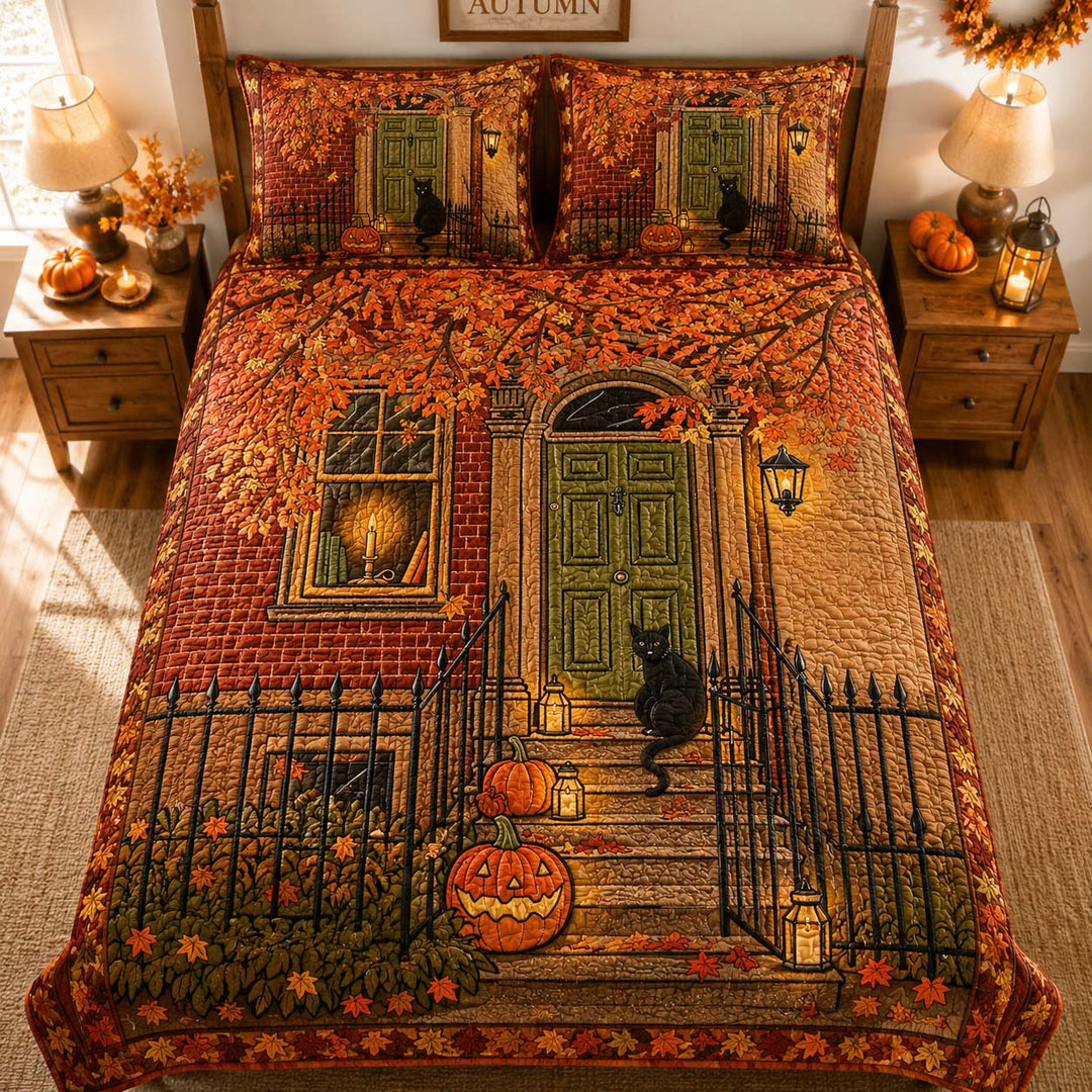 Autumn Black Cat Porch Bamboo Quilt Bedding Set