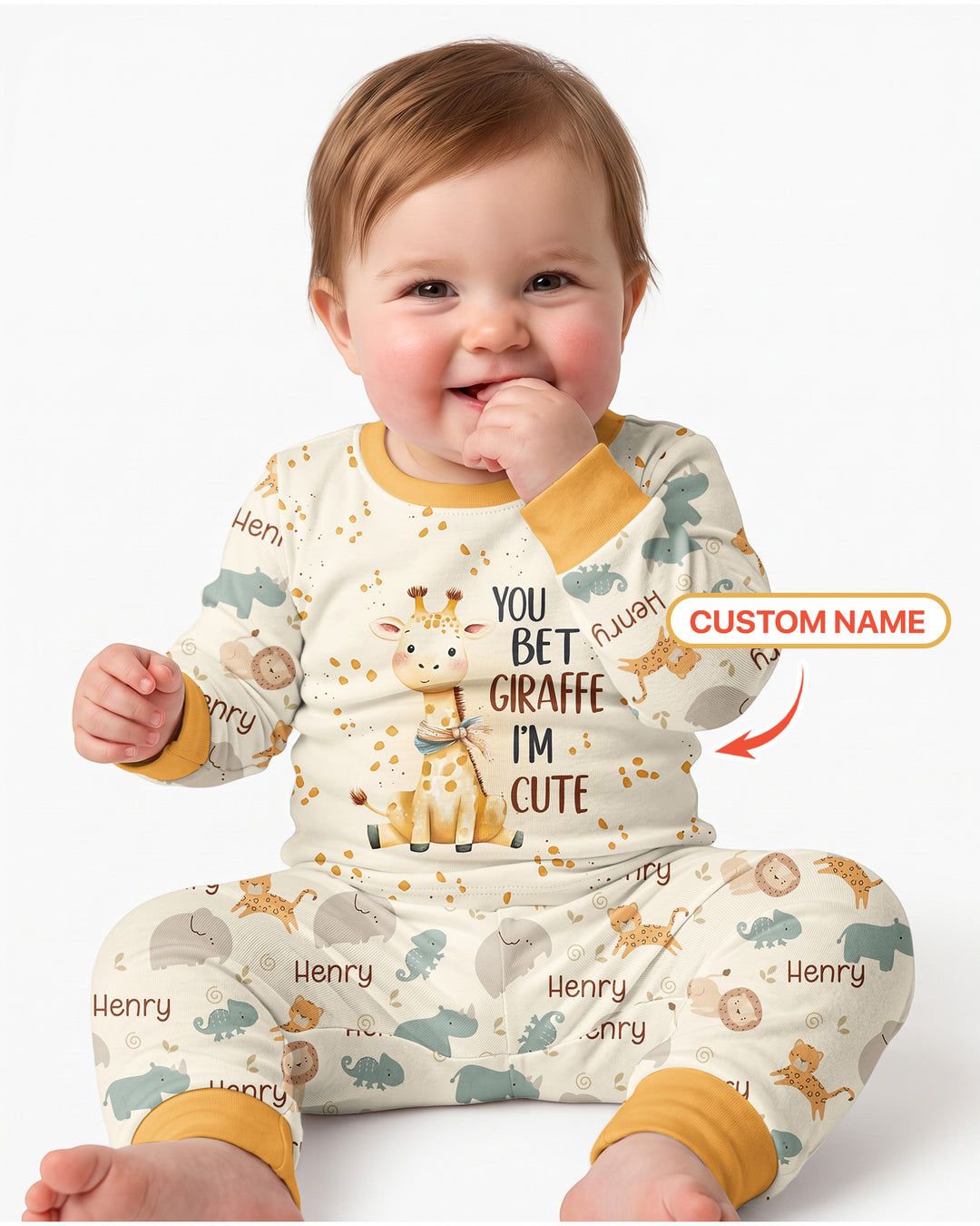 You Bet Giraffe I'm Cute Custom Name Bamboo Two Piece Long Sleeve Pajama Set