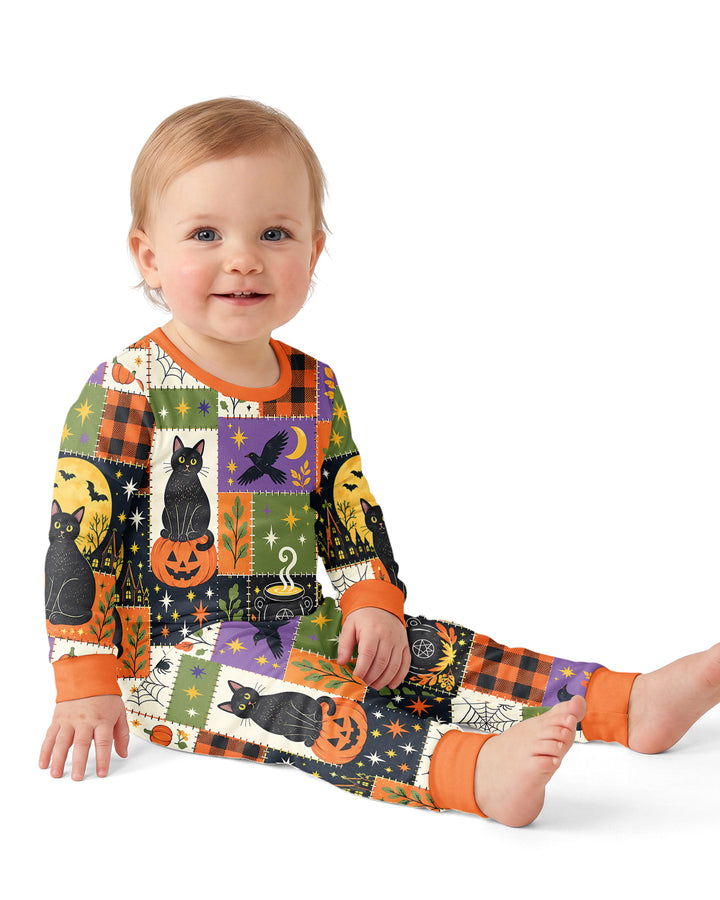 Halloween Black Cat Patchwork Bamboo Two Piece Long Sleeve Pajama Set