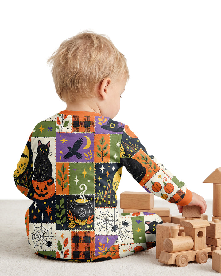 Halloween Black Cat Patchwork Bamboo Two Piece Long Sleeve Pajama Set