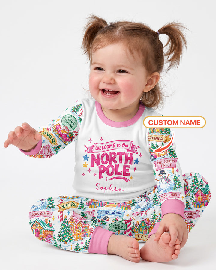 Welcome to North Pole Custom Name Bamboo Two Piece Long Sleeve Pajama Set