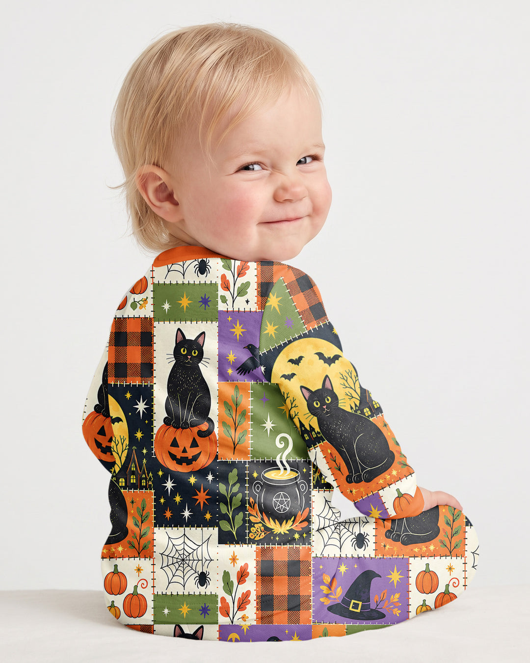 Halloween Black Cat Patchwork Bamboo Two Piece Long Sleeve Pajama Set