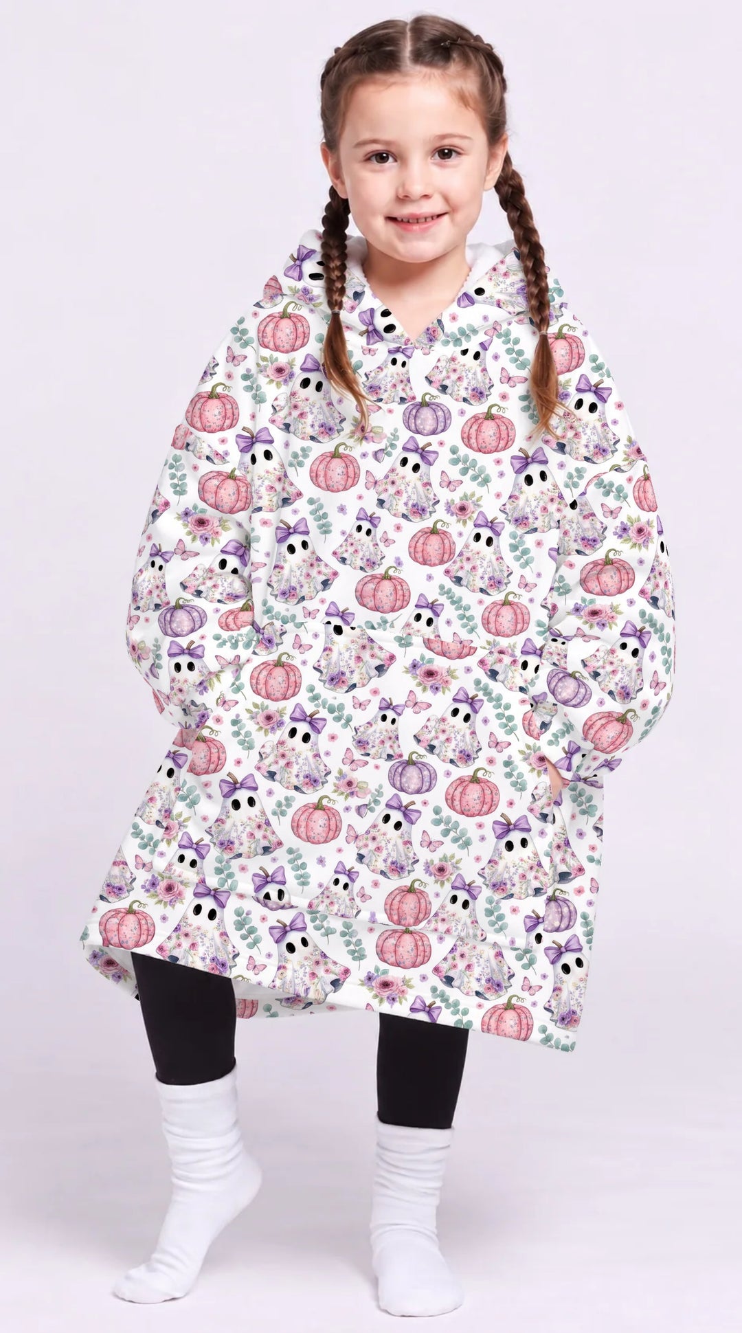 Floral Ghost & Pumpkin Garden Bamboo Blanket Hoodie
