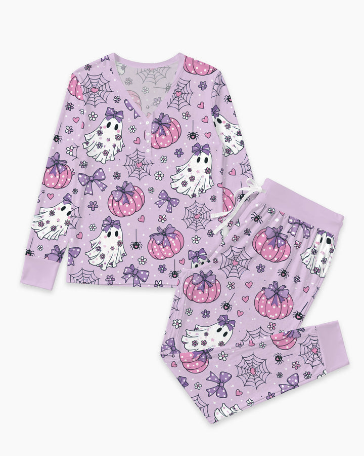 Purple Bow Ghost Halloween Bamboo Women Pajama Set