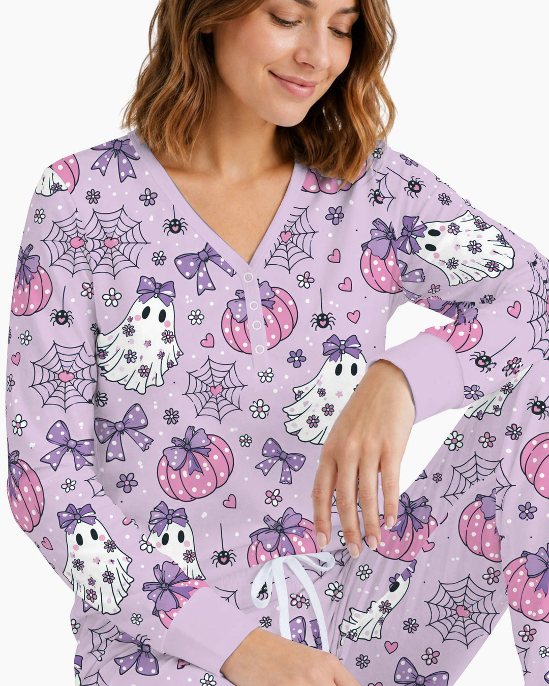Purple Bow Ghost Halloween Bamboo Women Pajama Set