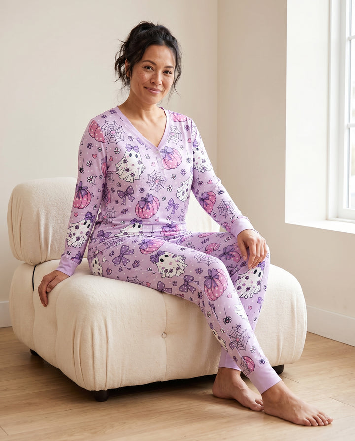 Purple Bow Ghost Halloween Bamboo Women Pajama Set