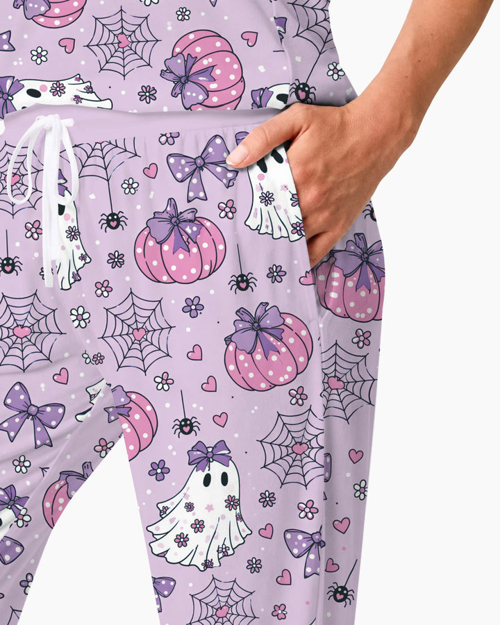 Purple Bow Ghost Halloween Bamboo Women Pajama Set