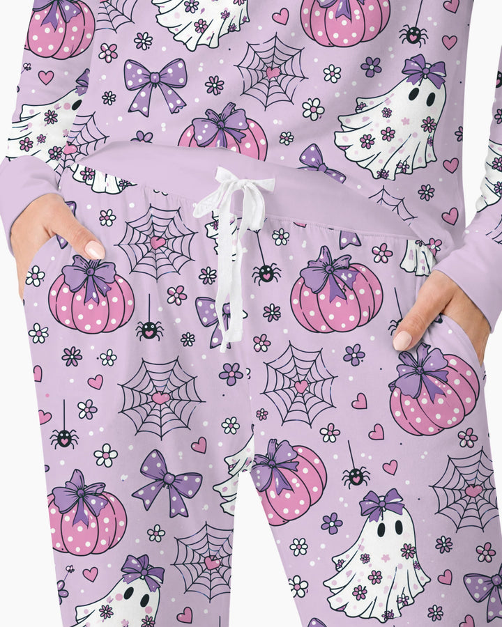 Purple Bow Ghost Halloween Bamboo Women Pajama Set
