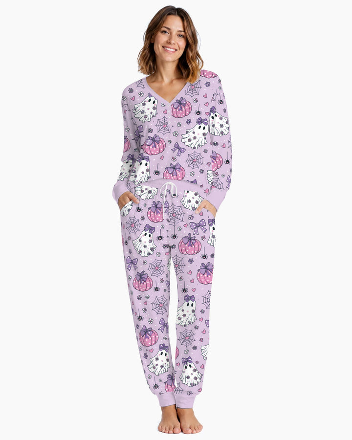 Purple Bow Ghost Halloween Bamboo Women Pajama Set