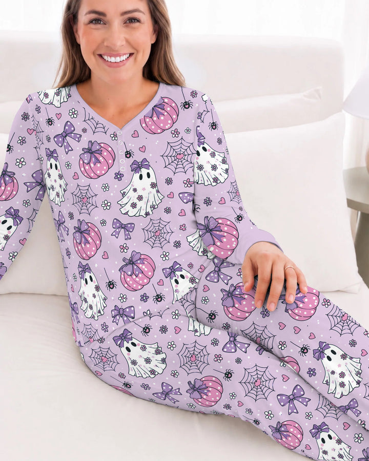 Purple Bow Ghost Halloween Bamboo Women Pajama Set