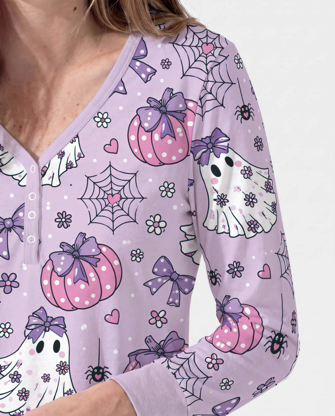 Purple Bow Ghost Halloween Bamboo Women Pajama Set