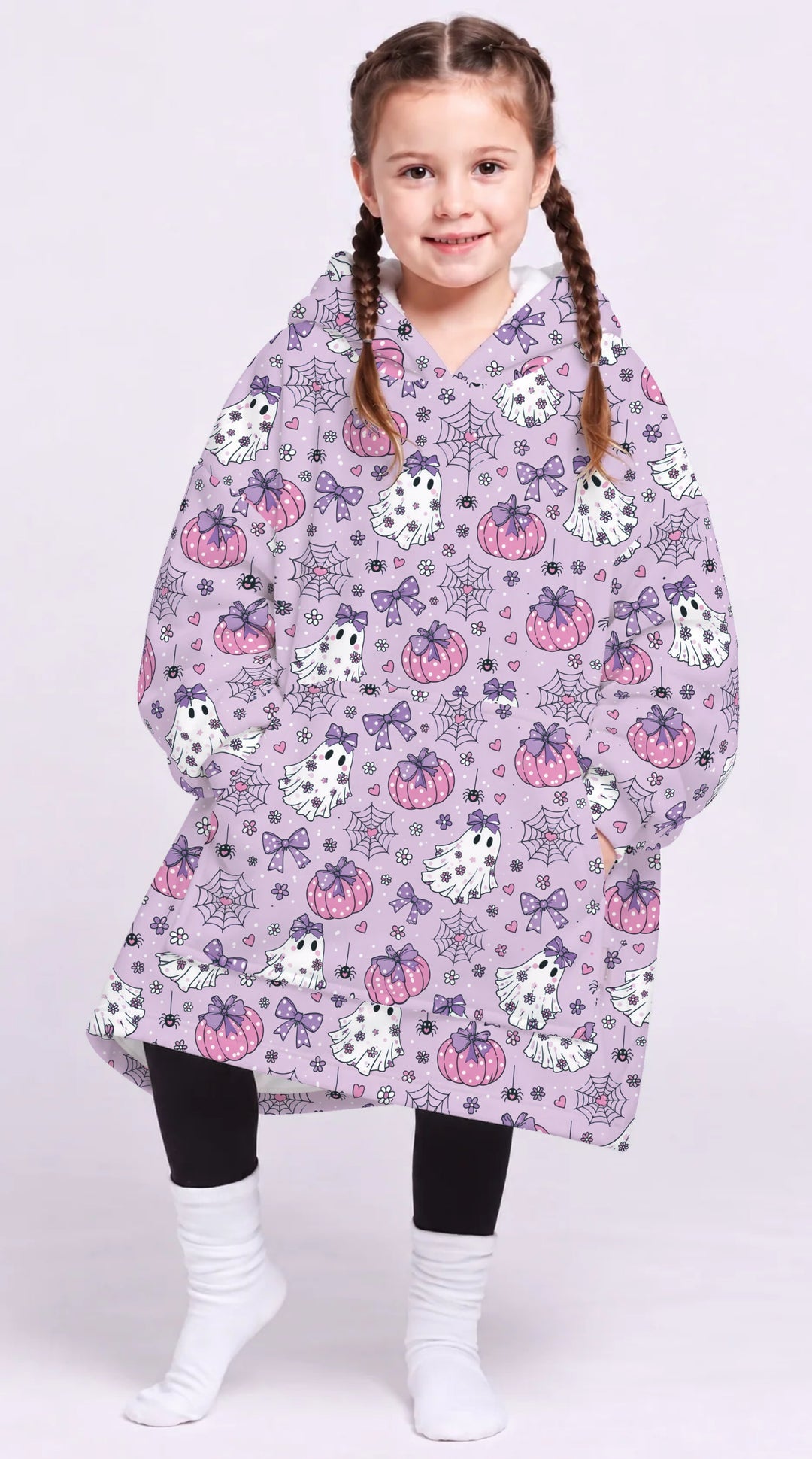 Purple Bow Ghost Halloween Bamboo Blanket Hoodie