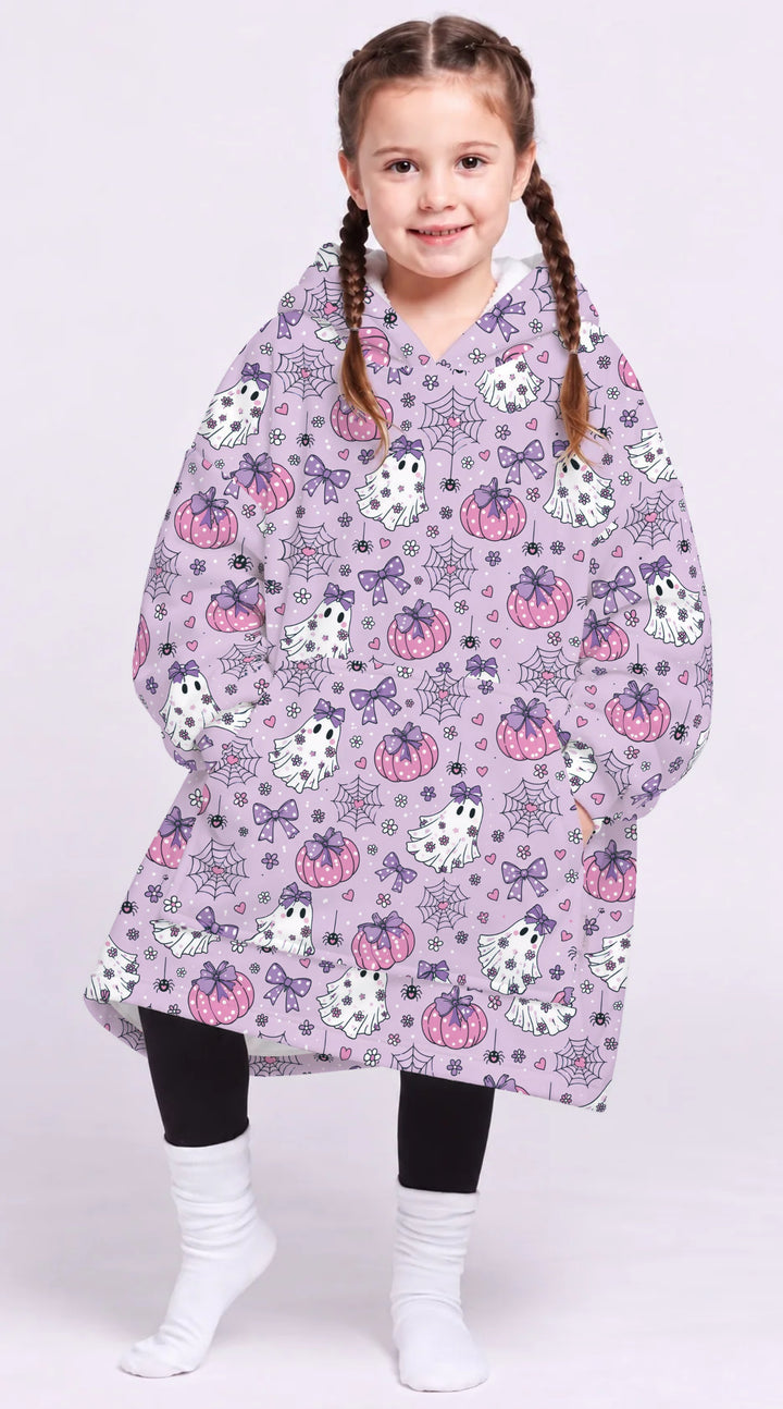 Purple Bow Ghost Halloween Bamboo Blanket Hoodie