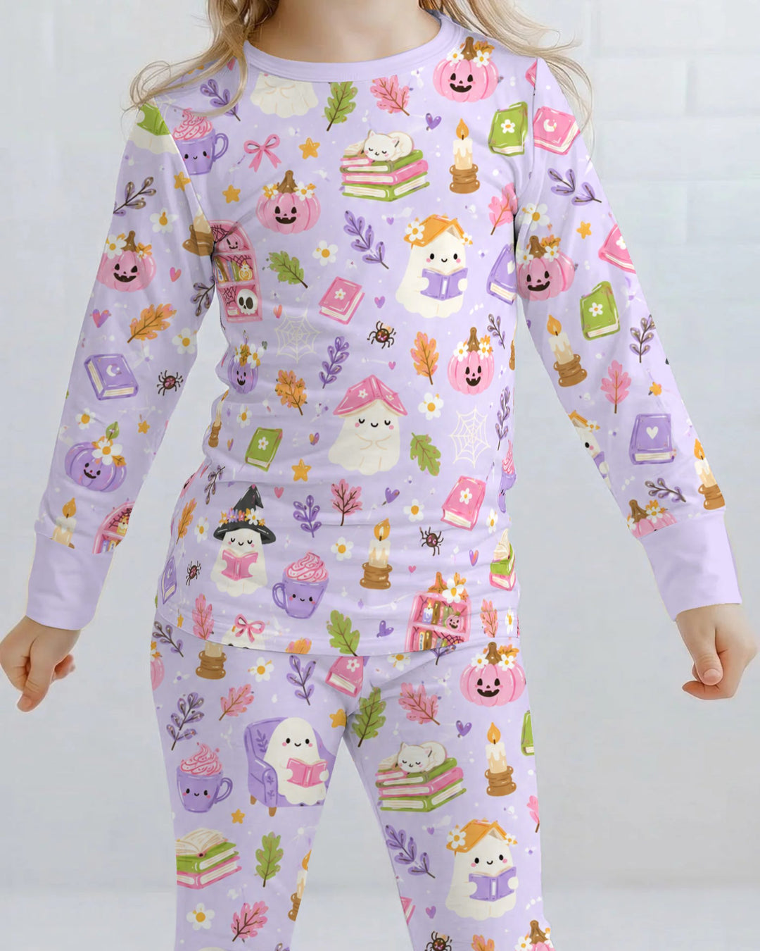 Cozy Ghost Reading Halloween Bamboo Two Piece Long Sleeve Pajama Set