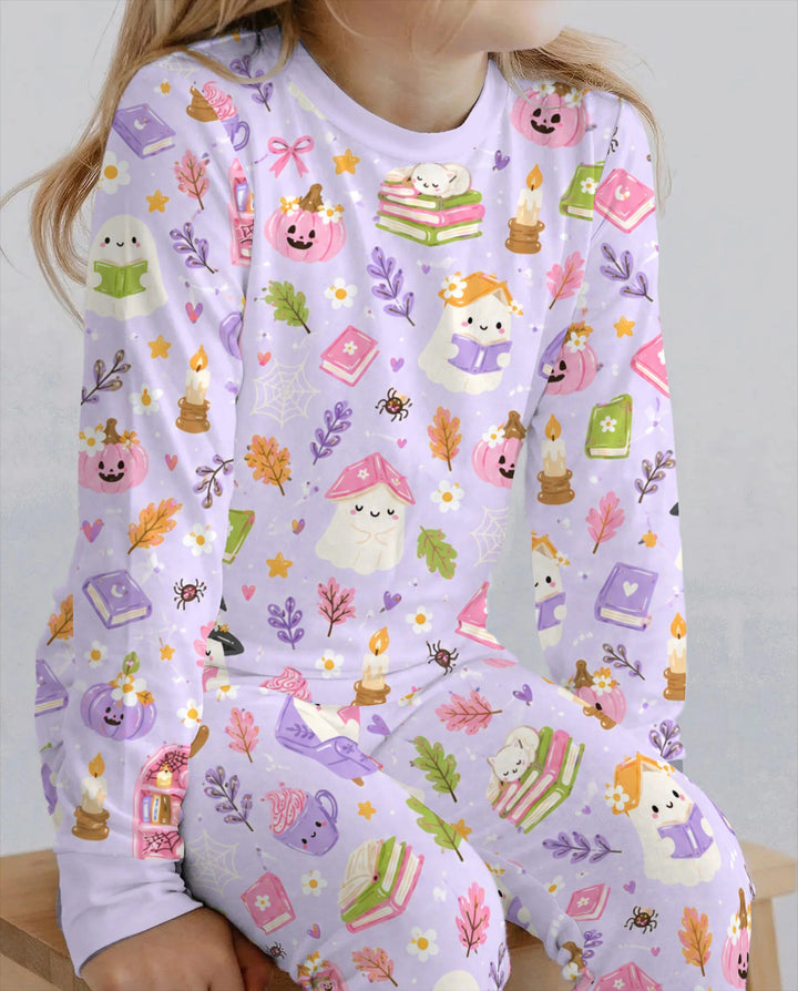 Cozy Ghost Reading Halloween Bamboo Two Piece Long Sleeve Pajama Set