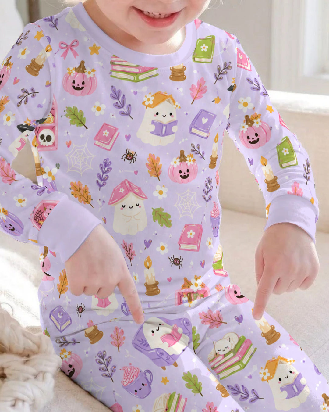 Cozy Ghost Reading Halloween Bamboo Two Piece Long Sleeve Pajama Set