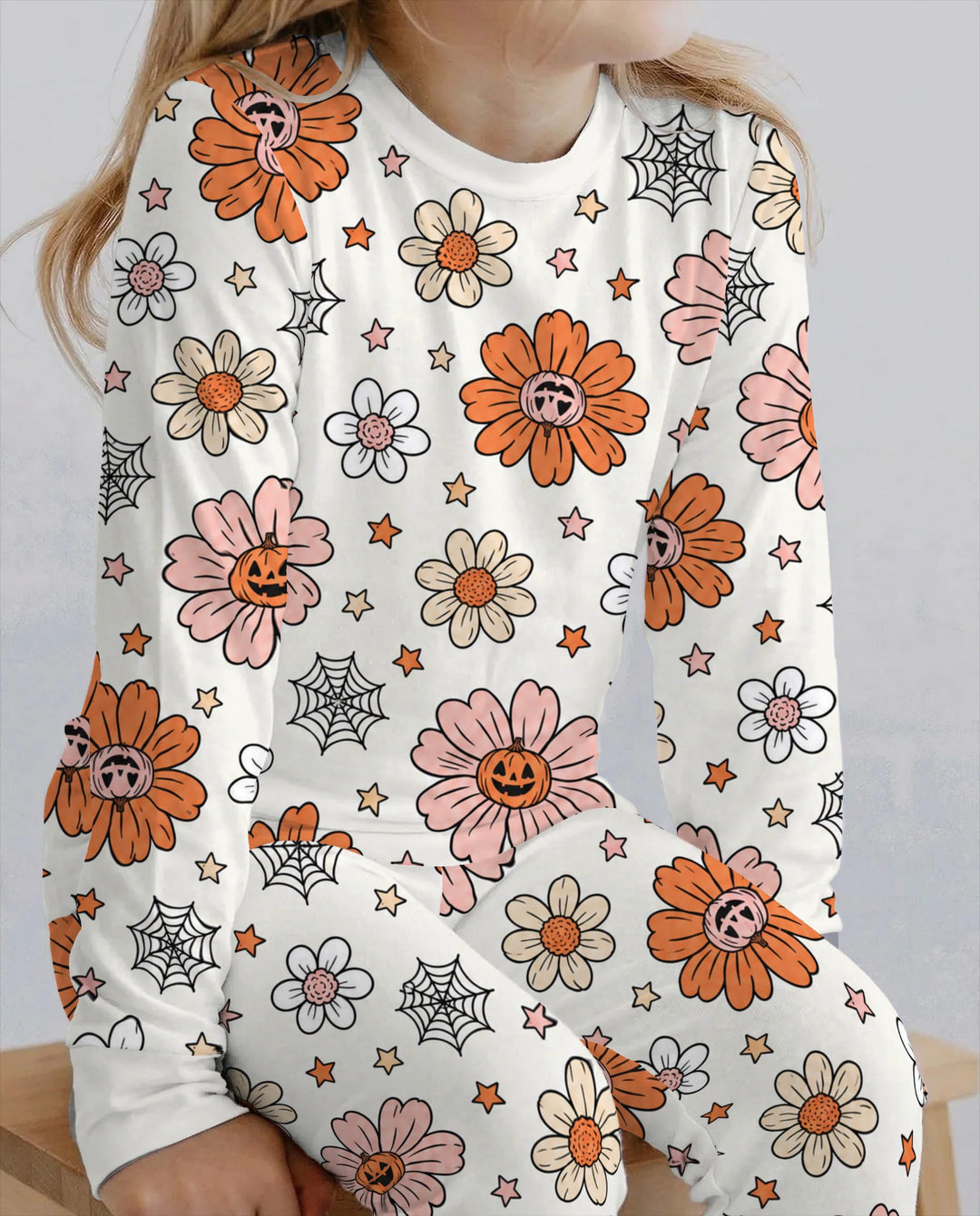 Pumpkin Daisy Halloween Garden Bamboo Two Piece Long Sleeve Pajama Set
